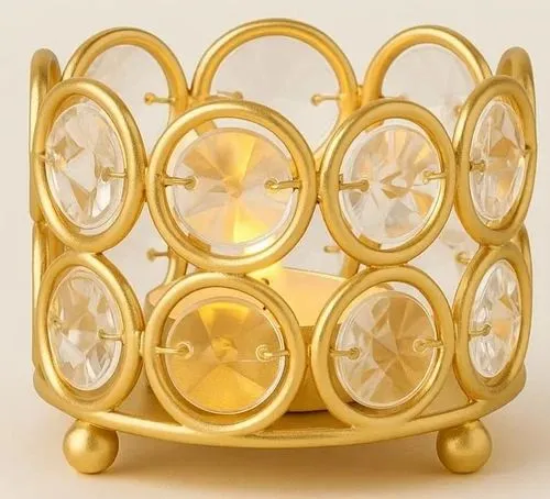 Gold Finish Metal Crystal Tea Light Holder