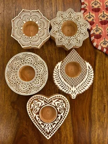 Wooden Block T-light Candle Holder Set