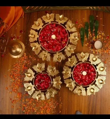 3-Tier Decorative Lotus Metal Urli Set with Stand